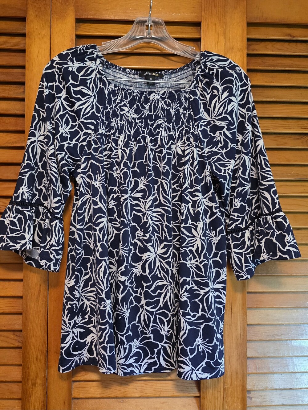 Robert Louis Navy & White Floral Smocked Boho Bell Sleeve Blouse - Size M